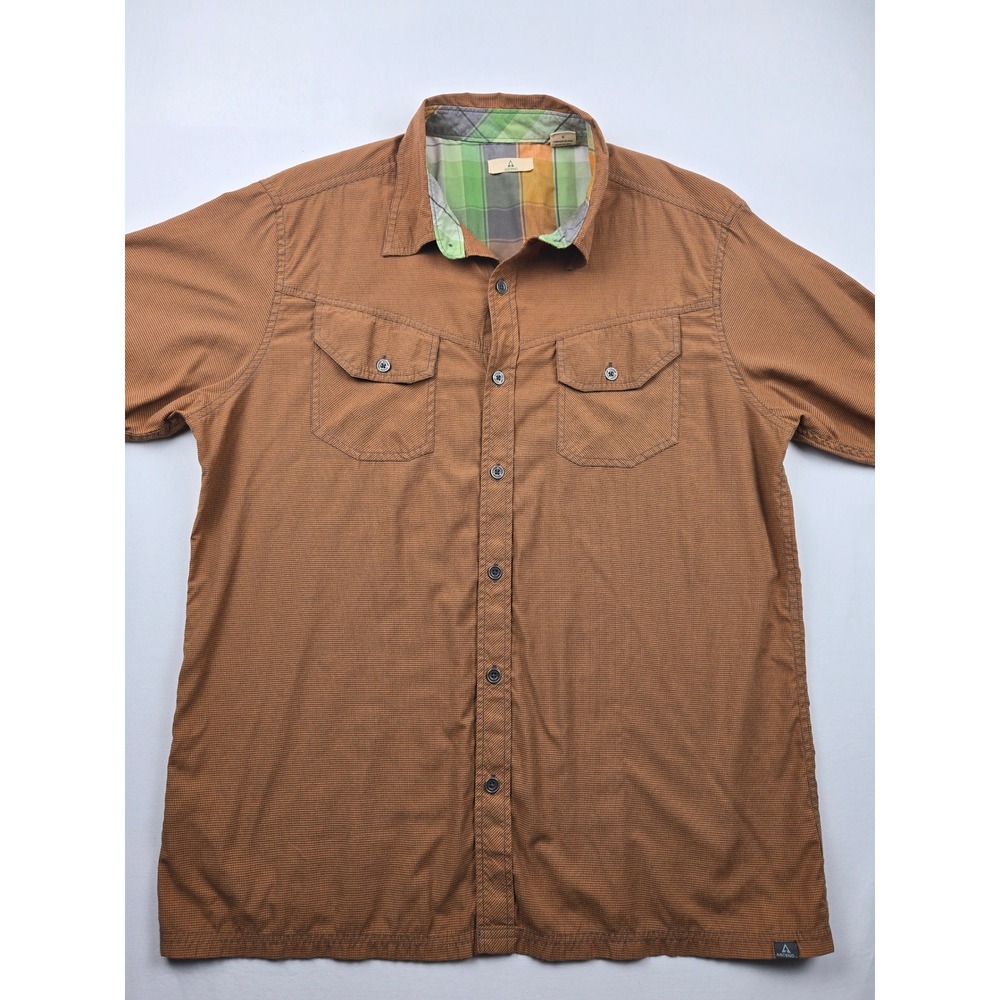 Ascend Men's Short‎ Sleeve Button Down Shirt Brown Plaid Collar Size L